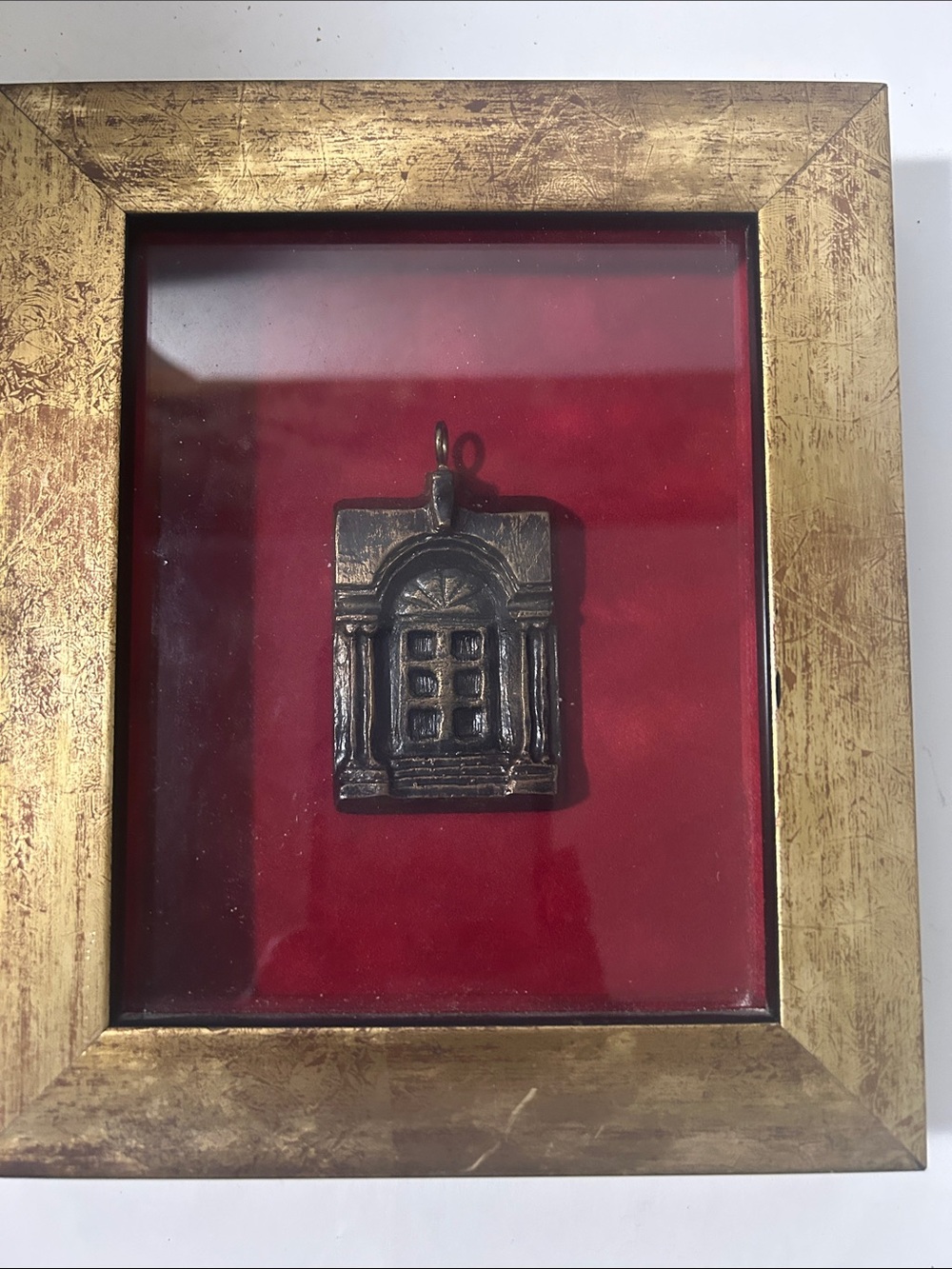 Framed Brass Window Pendant Wall Accent - Gold Frame, Red Mat